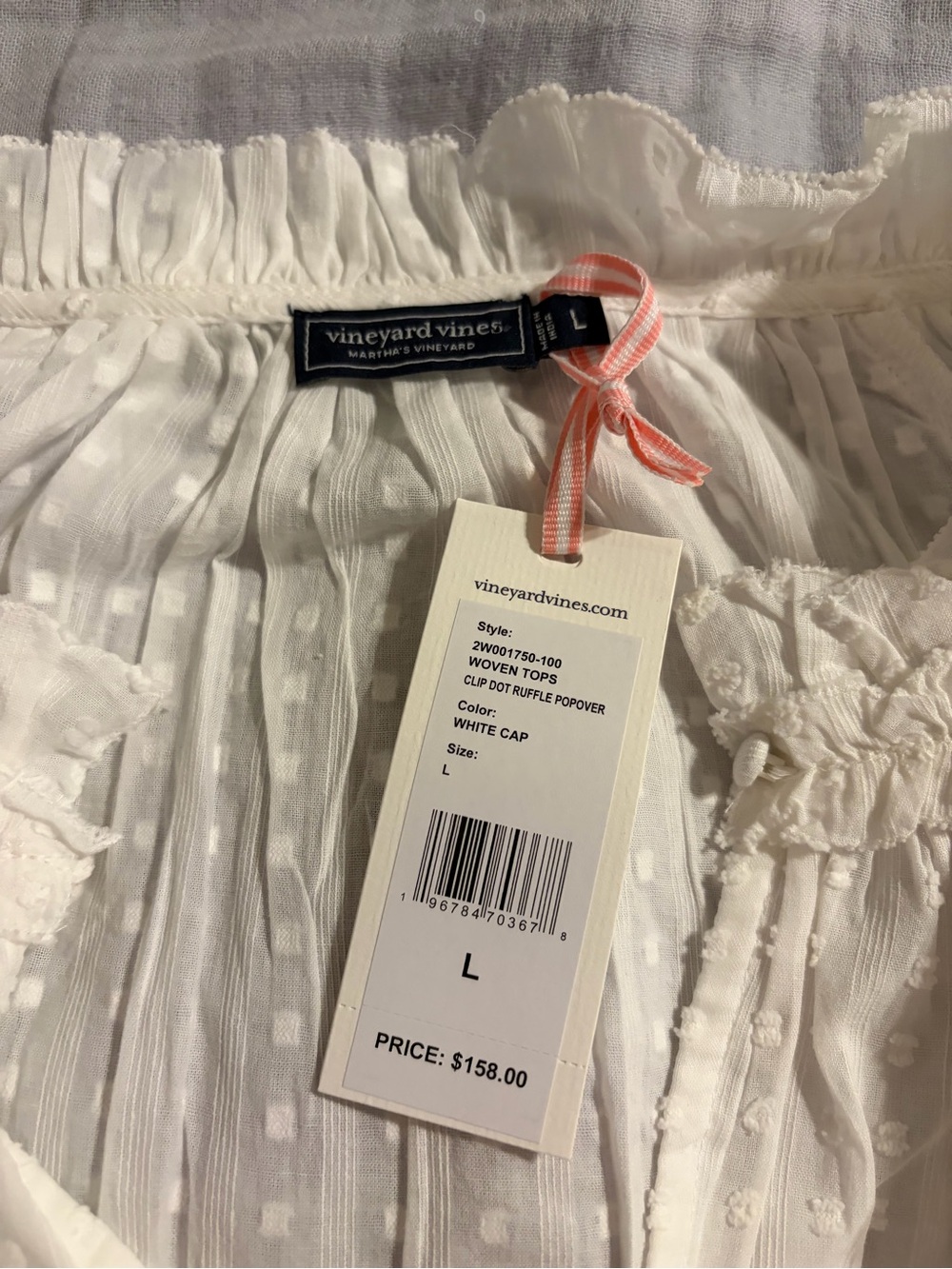 Vineyard Vines Women’s Cotton White Swiss Dot Ruffle Neck Blouse Sz Large - Picture 4 of 10